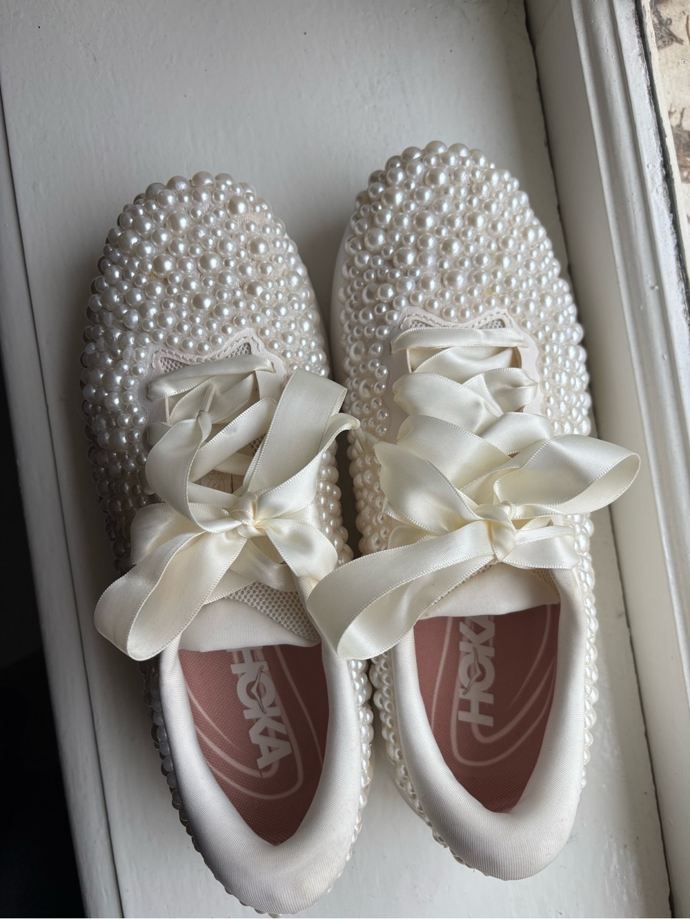 Hoka Pearl-Embellished Satin Lace Sneakers - Cream - Picture 3 of 13